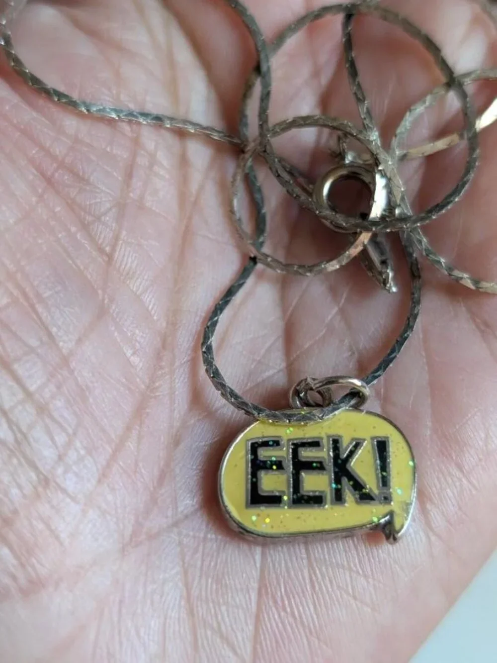 Vintage Halloween Yellow Enamel & Glitter EEK! Pendant Necklace